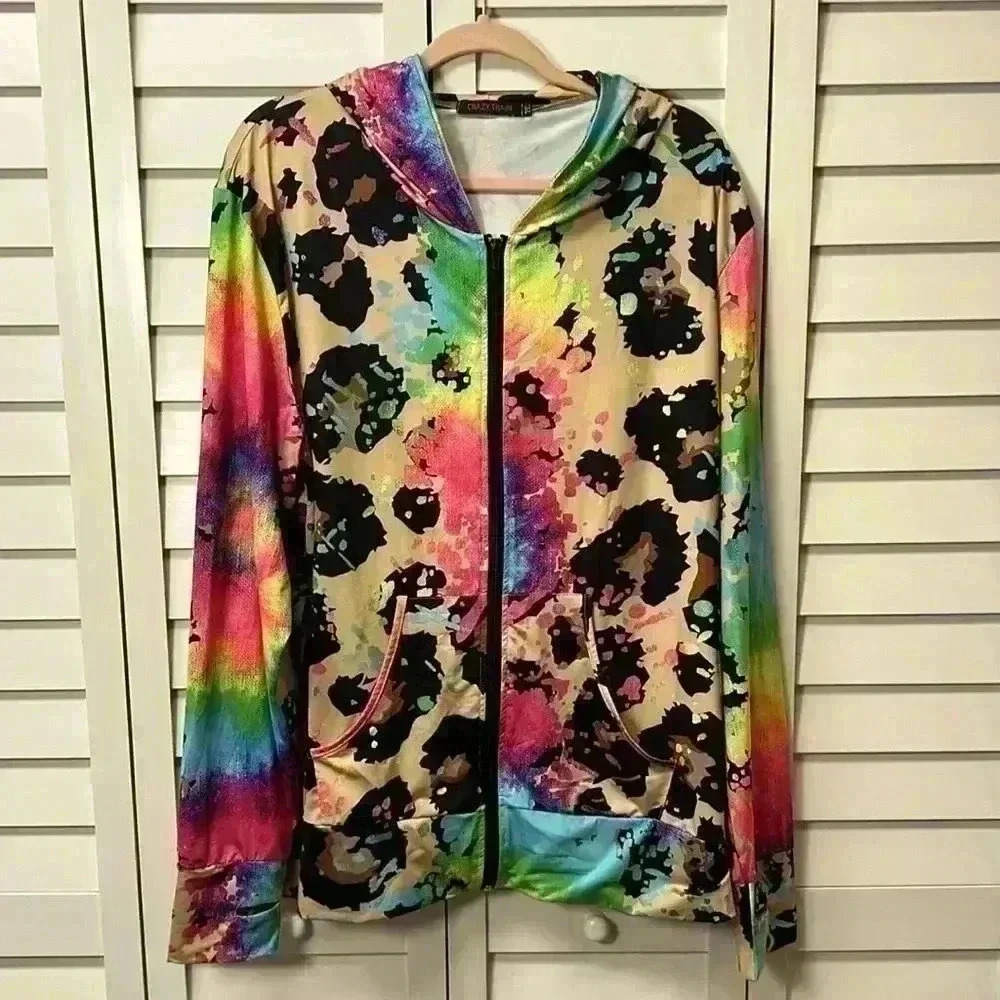 Crazy Train Tie Dye Animal Print Hoodie Jacket Size 2XL